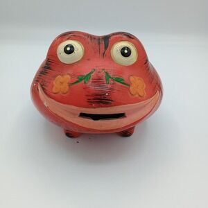 Vintage Painted Red Frog Coin Bank Resin